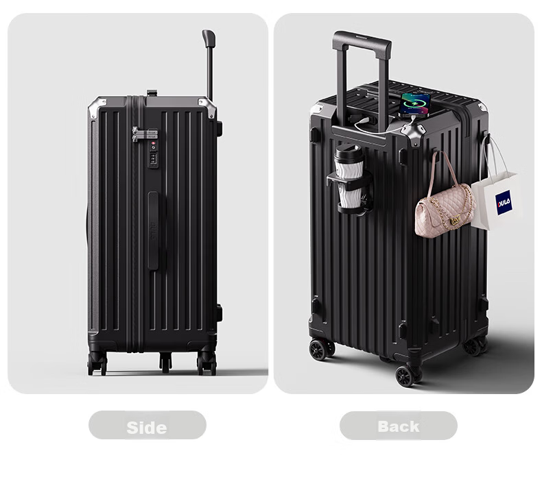 DULA Five-Wheel Large Capacity Suitcase with Cup Holder, Travel Luggage, Charging Trolley Case, Password Lock, Leather Suitcase, Glossy Black, 24 Inches 31