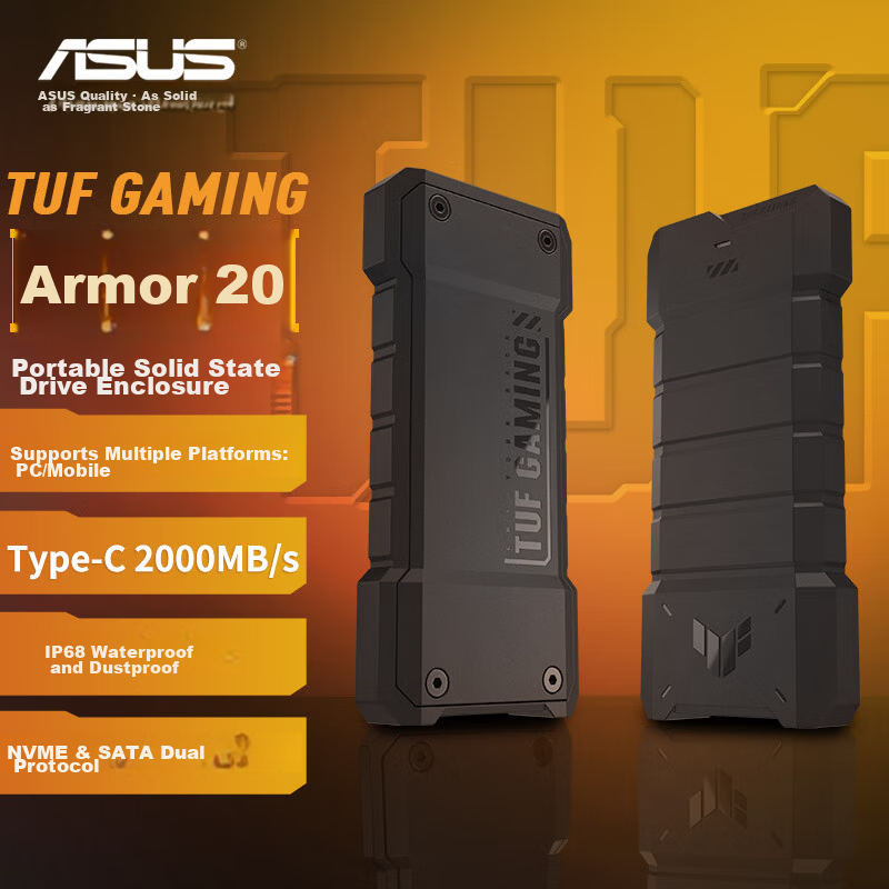 ASUS TUF GAMING Armor 20 M.2 High-Speed Portable SSD Enclosure NVME/SATA IP68 Waterproof Dustproof 1.2m Drop Resistant 20Gbps