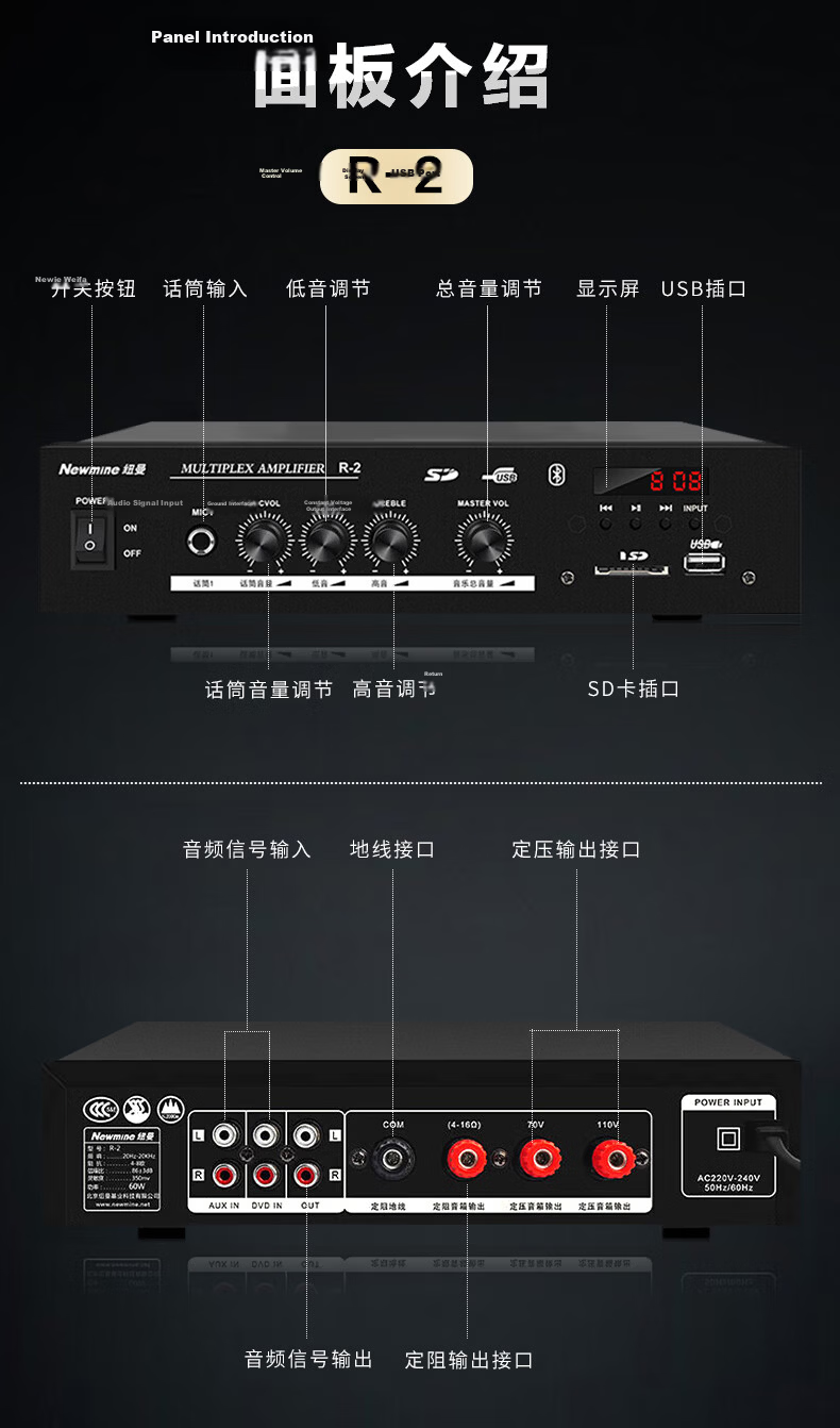 Newmine R15 Ceiling Speaker One-to-Four Set Bluetooth Constant Voltage Amplifier for Shop Restaurant Home Living Room Background Music Public Address Ceiling Speaker 16