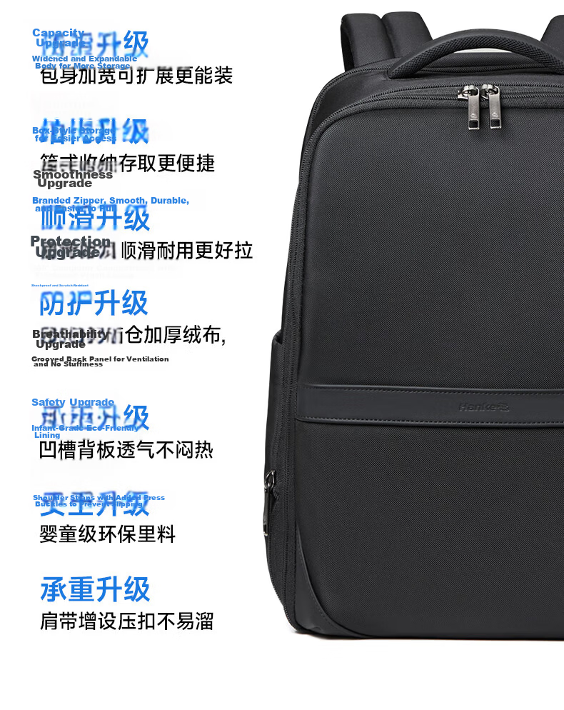 Hanke 30L Expandable Laptop Backpack 17-inch Classic Black Unisex Travel Commuter Business Large Capacity School Bag 7
