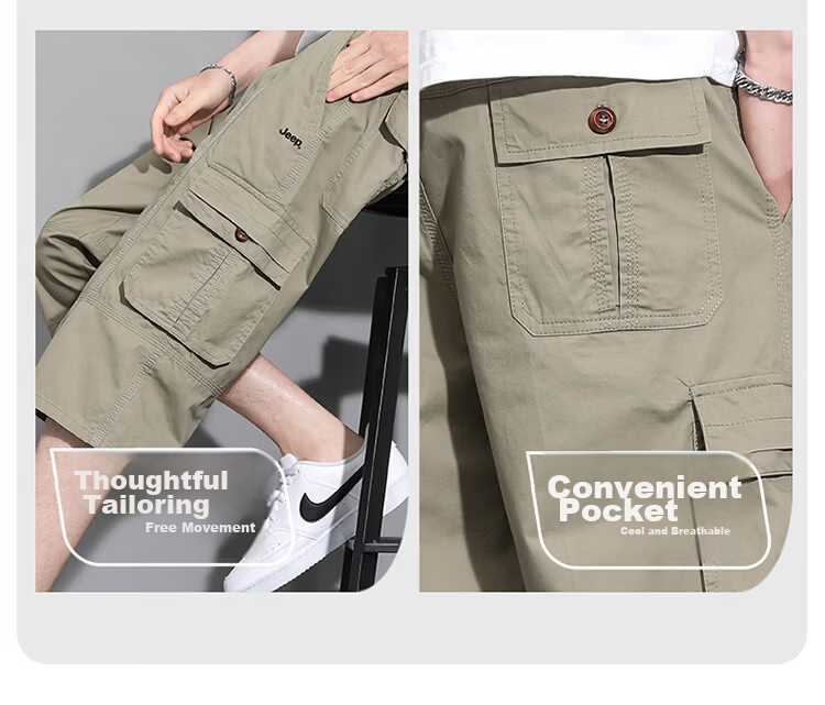 JEEP Men's Cotton Cargo Shorts Seven-Point Pants Summer Lightweight Loose Multi-Pocket Khaki 5XL 6