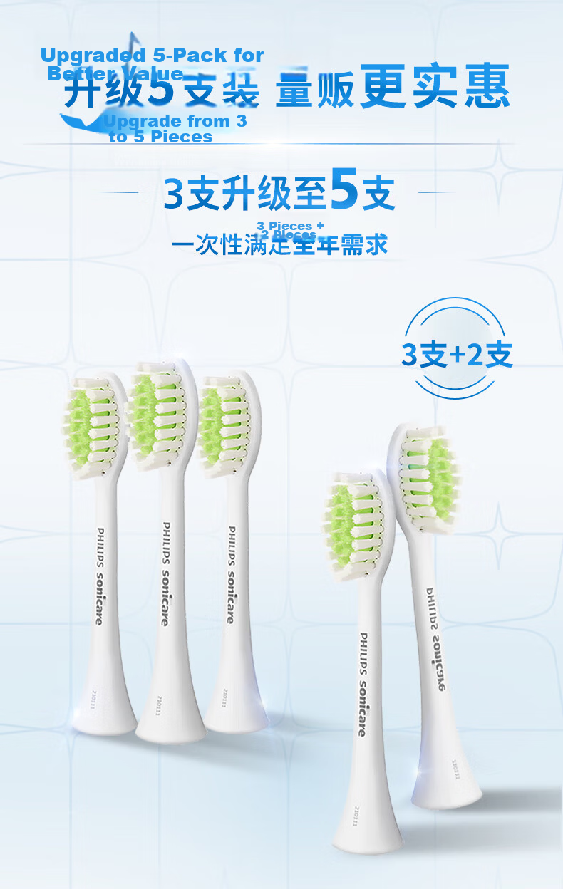 PHILIPS Electric Toothbrush Heads HX2471/HX2461/HX2431/HX2571, Small Feather Brush Handle, Whitening, Pack of 5, HX2035/02 3