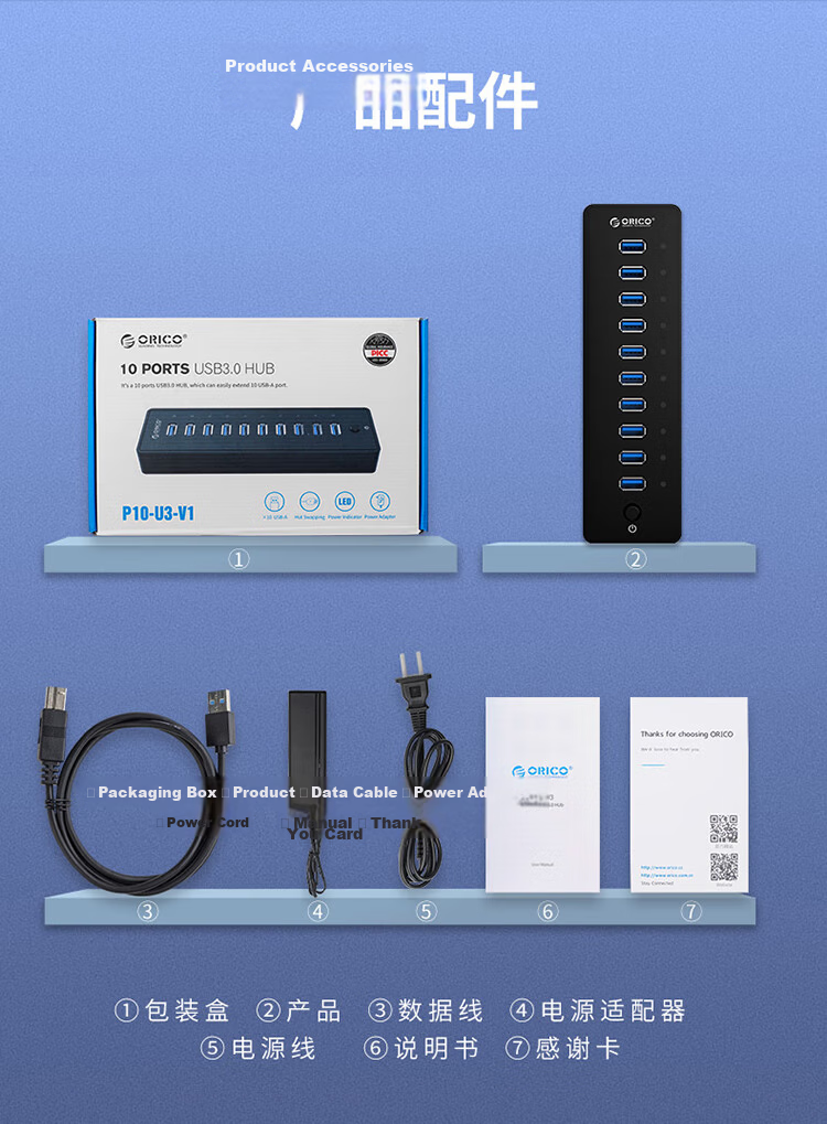 ORICO USB 3.0 Hub, High-Speed 7-Port Expansion Dock, Laptop Multi-Port Adapter, with 12V Power Supply H7928 14