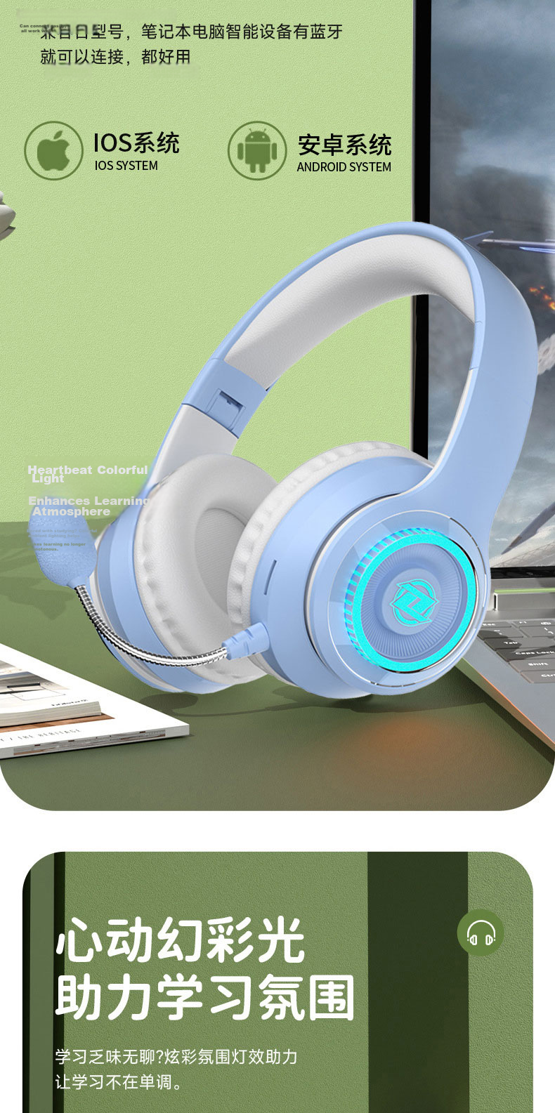 Yinwangsi Children's In-Ear Monitor Headphones Learning Aid Noise-Cancelling Wireless Bluetooth Over-Ear Headset for Students Age 6-12 Compatible with Learning Devices, Computers, and TF Card 17
