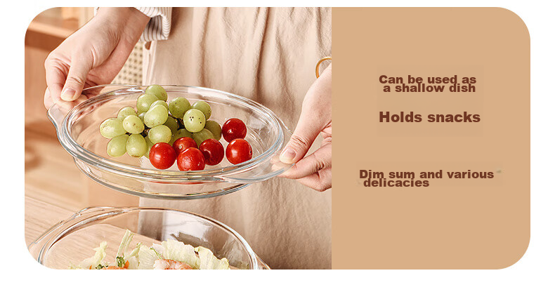 Genas Double-Handle Transparent Heat-Resistant Glass Bowl Large with Lid Microwave Safe Soup Noodle Salad Bowl Tableware 1.5L 10