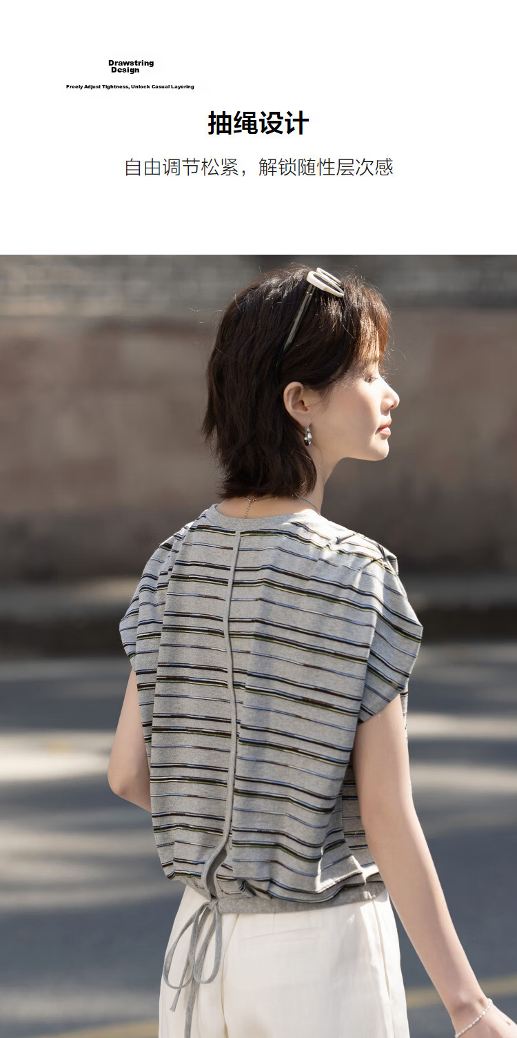 Demana [Cloud Oxygen Cotton Series] Summer Vintage Striped Sleeve-Covered Pleated Drawstring Slim Fit Petite T-Shirt for Women Premium Feel 7