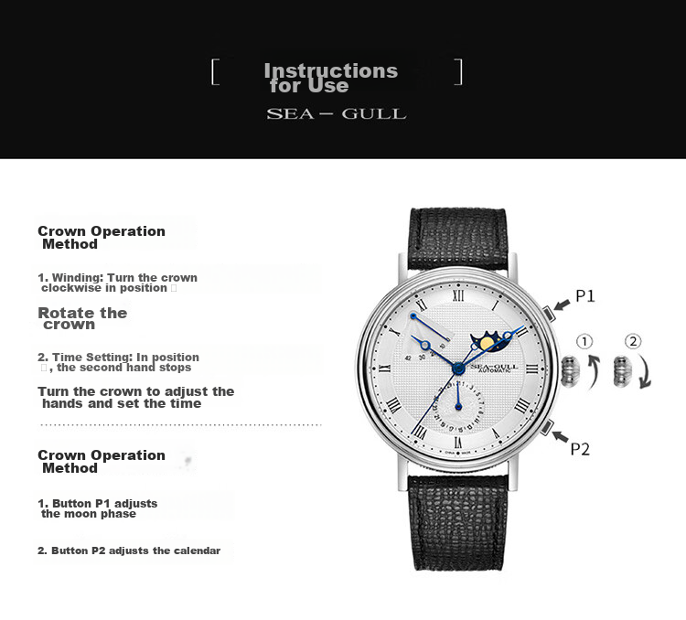 SEAGULL Men's Automatic Mechanical Watch Moon Phase Calendar Power Reserve 6092 Black Night Birthday Gift 23
