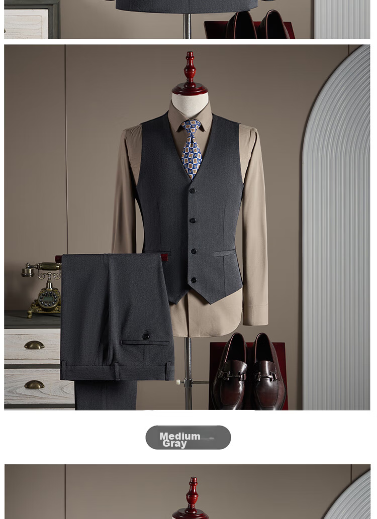 ROMON Men's Business Suit Set [Blazer + Vest + Trousers] Dark Gray 2XL 21