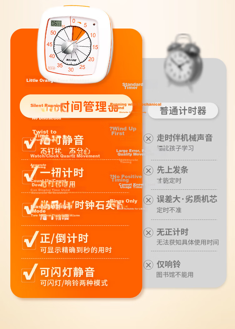 Perfect Score Little Scholar Orange Visual Timer Learning Dedicated Children's Self-Discipline Time Manager Timing Reminder Back to School Season 5