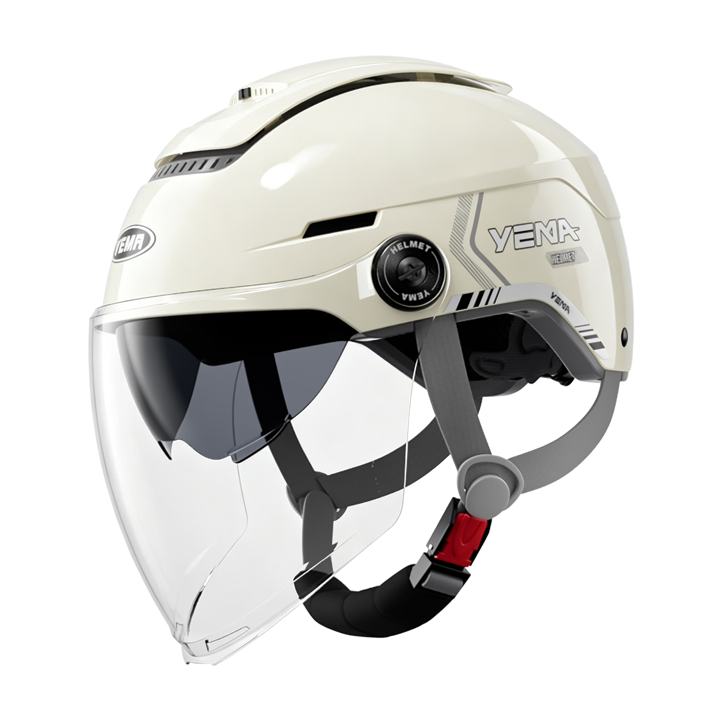 YEMA 3C Certified Electric Vehicle Helmet, Unisex Motorcycle Half Helmet, Summer Sun Protection with Double Visor, Zero-Feel Ventilation, All-Season Universal Electric Scooter Safety Helmet, 370S, Khaki White with Transparent Long Visor