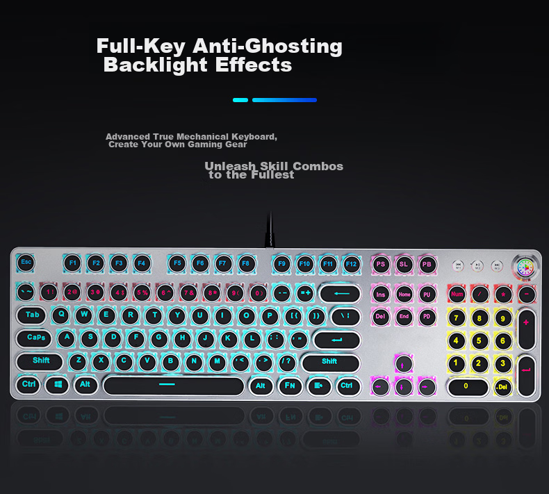 EWEADN TK100 Punk Mechanical Keyboard, Gaming Wired Keyboard for Desktop And Laptop, External Office Typing Retro Accessory, PUBG 104-Key, White with Ice Blue Light Switches 10