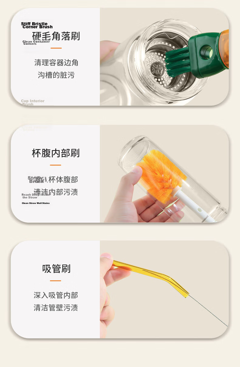 Dreaming Cup 5-in-1 Bottle Brush Insulated Cup Lid Groove Straw Cleaning Tool Yellow Single Pack 5