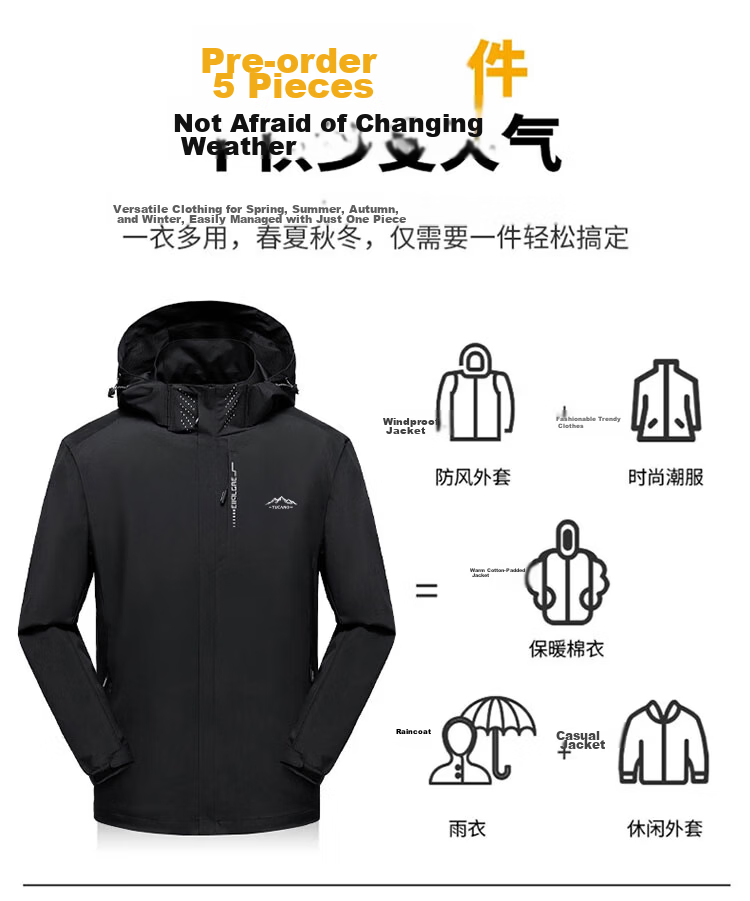 TUCANO Windproof And Waterproof Detachable Hooded Jacket for Men, Outdoor Hiking Sports Coat, Black, Size M 7
