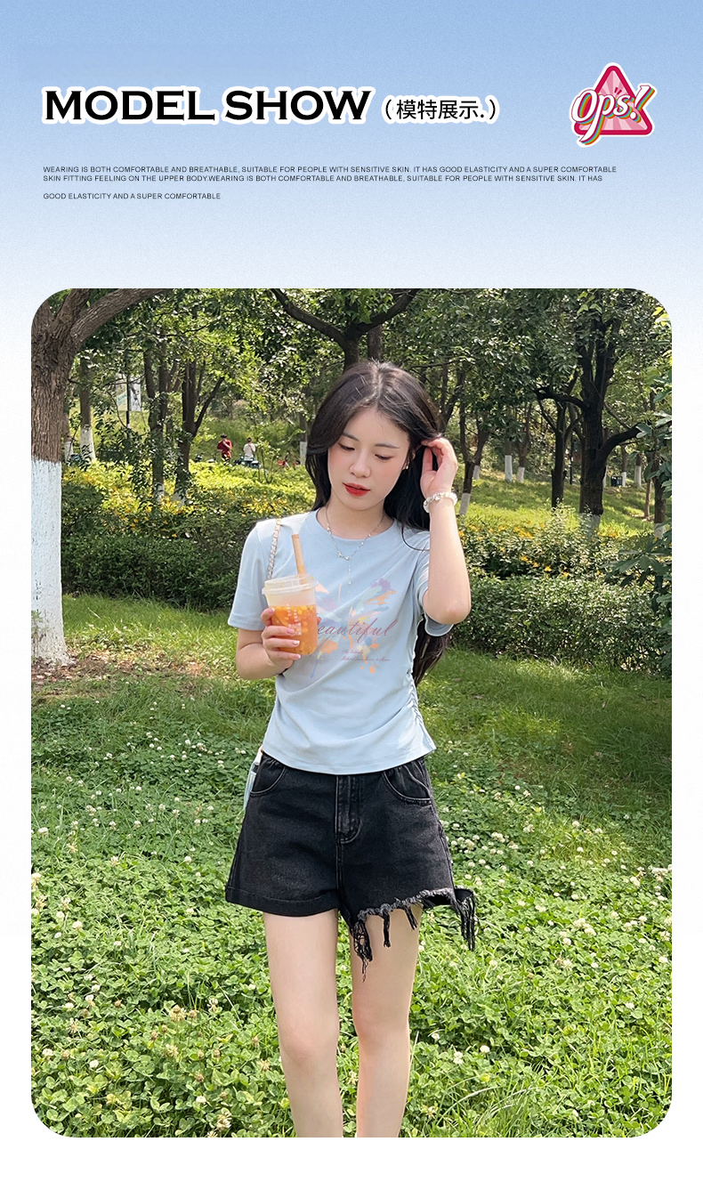 La Chapelle Beige Short Sleeve T-Shirt Women 2026 New Summer Slim Fit Wrinkle Design Cropped Top Tee 11