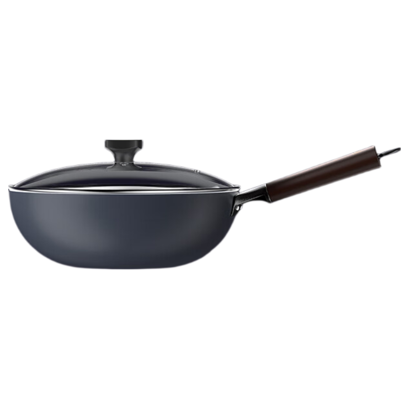 JD Original Ceramic Iron Wok, Household Stir-Fry Non-Stick Pan, Compatible with Induction Cookers, with Lid, 30cm