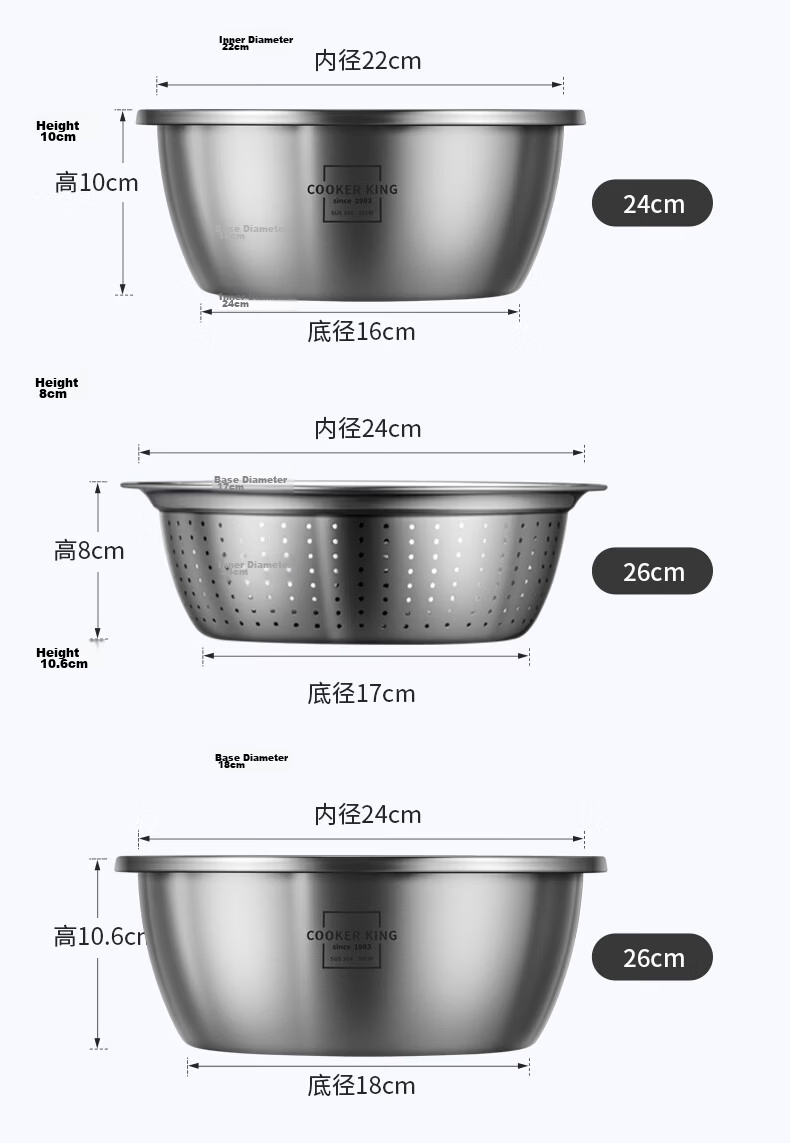 Chuida Huang 304 Stainless Steel Bowl and Sieve 5-Piece Set Thickened Vegetable Washing Bowl, Dough Mixing Bowl, Seasoning Marinating Bowl, Rice Sieve Combo 16
