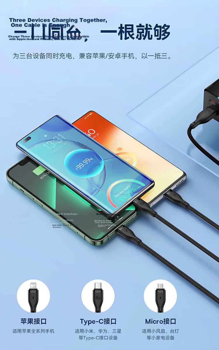 Baseus Three-In Charging Cable, Fast Charge 100W/88W, One Cable with Three Ends, Compatible with Apple Type-C, Android, IPhone 15/16/17, Huawei Mate 70, Xiaomi Phones, Car Charger, Black 13