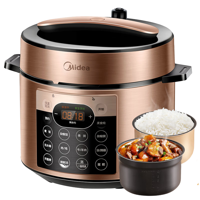 Midea Titanium 0-Fluorine Low-Fat 6L Electric Pressure Cooker for 6-8 People, High-Pressure Rice Cooker with 0 Coating, 316L Quick Exhaust, Multifunctional Soup and Stew Cooker MY-C6650F
