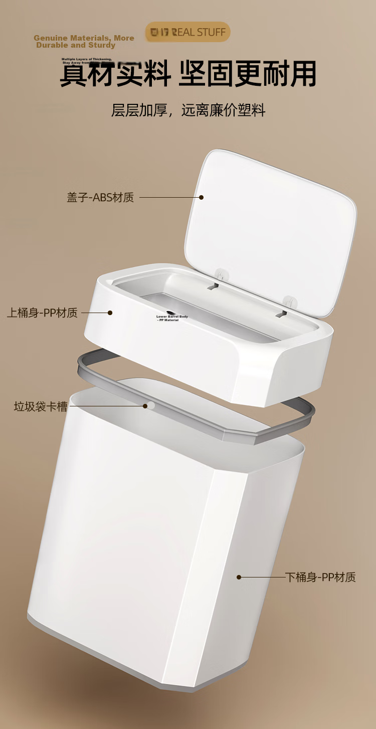 Zhailishi Smart Sensor Trash Can 13L Square White Battery-Powered for Living Room Bedroom Bathroom 13
