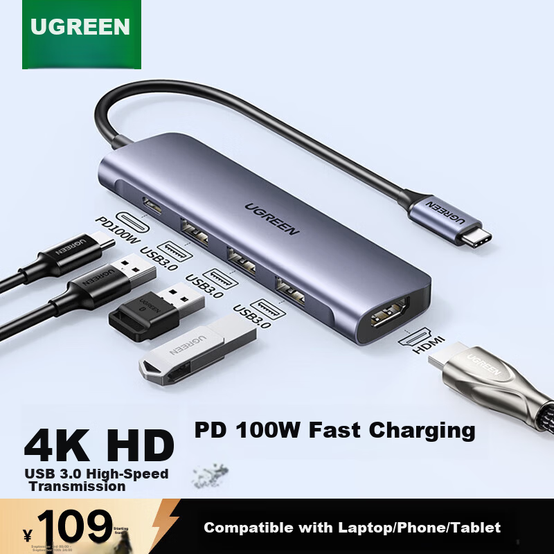 Ugreen Type-C Docking Station to HDMI Hub Compatible with Thunderbolt 4/5 Apple MacBook Air/Neo Huawei Multi-Port Adapter