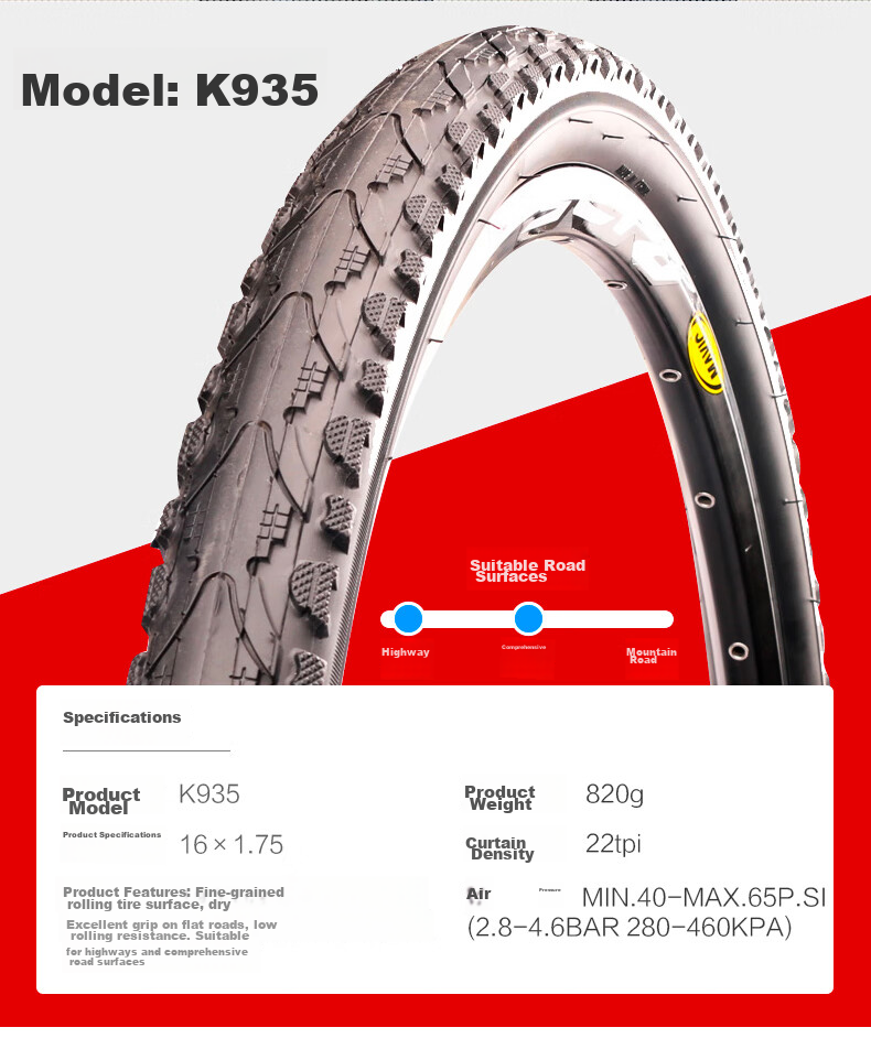 KENDA Bicycle Tire, 16-Inch, Compatible with K935 Kenda Bike, 1.5/1.75 Inch, Anti-Skid, Durable, Mountain Bike, Large Particle Smooth Surface, Good Water Drainage, Black Color 7