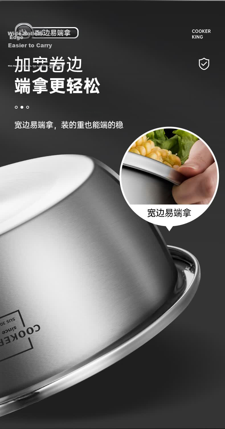 Chuida Huang 304 Stainless Steel Bowl and Sieve 5-Piece Set Thickened Vegetable Washing Bowl, Dough Mixing Bowl, Seasoning Marinating Bowl, Rice Sieve Combo 12