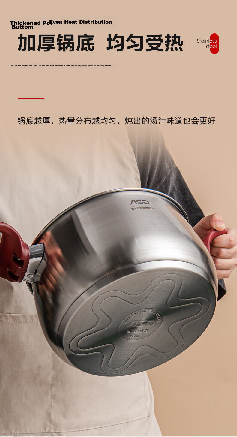ASD Soup Pot, 316L Food-Grade Thickened Stainless Steel Cooking Pot, Double-Bottom Milk Pot 22CM, Compatible with Gas And Induction Stoves B5 6