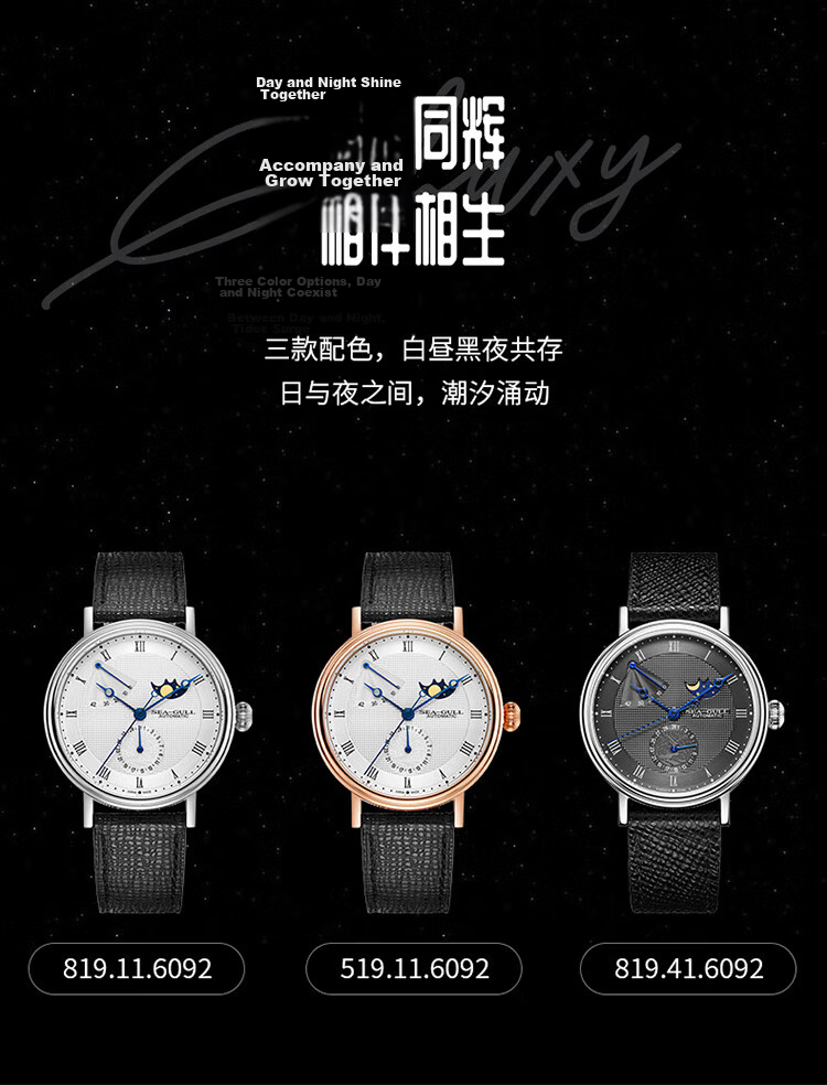 SEAGULL Men's Automatic Mechanical Watch Moon Phase Calendar Power Reserve 6092 Black Night Birthday Gift 9