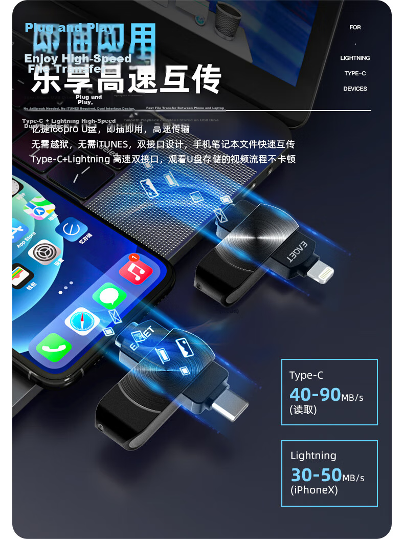 EAGET Triple-Interface Phone Expansion USB Flash Drive 256GB USB3.0, Apple Phone USB Type-C Drive, I90, Dual-Use Backup Device for Phones And Computers 7