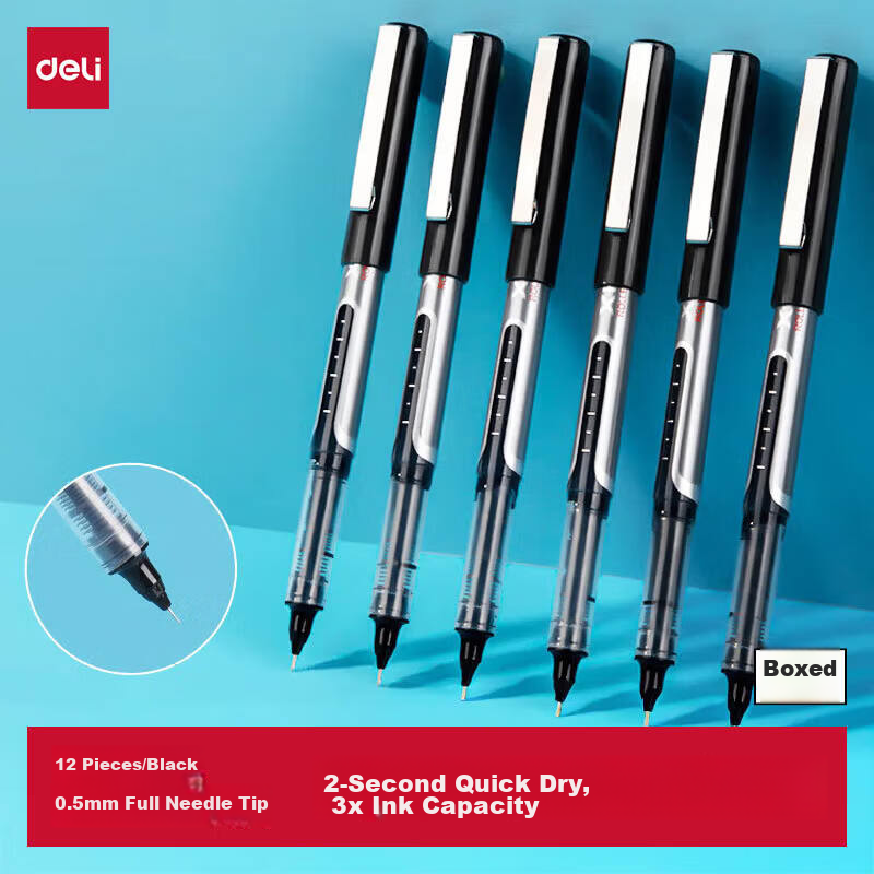 Deli S657 0.5mm Needle Tip Gel Pen Black 12pcs/Box Back-to-School Essential Student Office Rollerball Pen