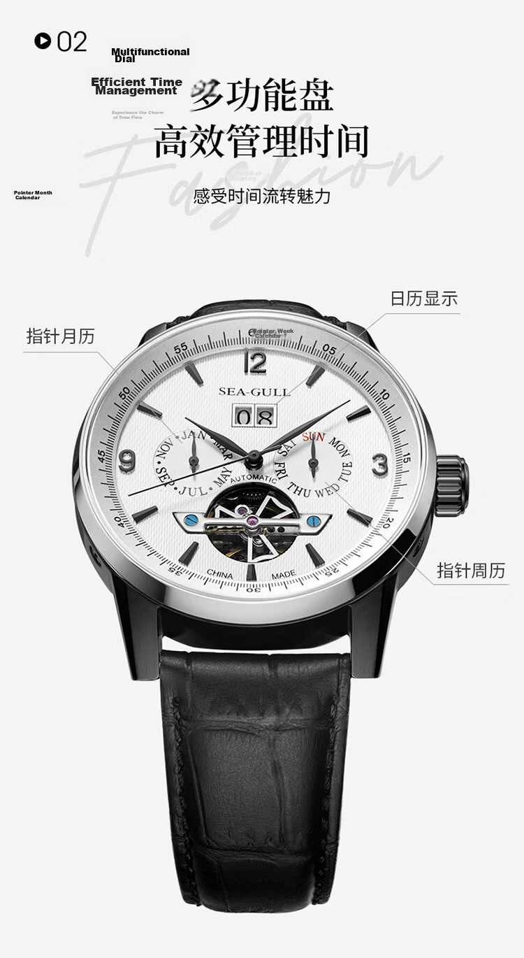 SEAGULL Men's Automatic Mechanical Watch Calendar Week Month Skeleton Tourbillon Men's Watch Birthday Gift 1328 White 6