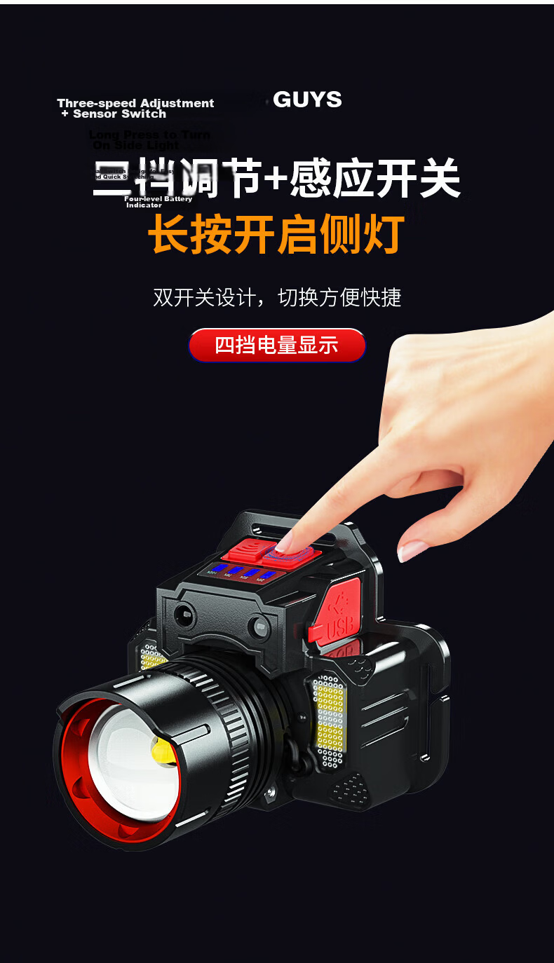 XIAOYEREN High-Intensity Headlamp, Head-Mounted, Outdoor, Long Battery Life, for Fishing, Beach Combing, Hiking, Super Bright, Rechargeable, Construction Site, Small Lighting Lamp 12