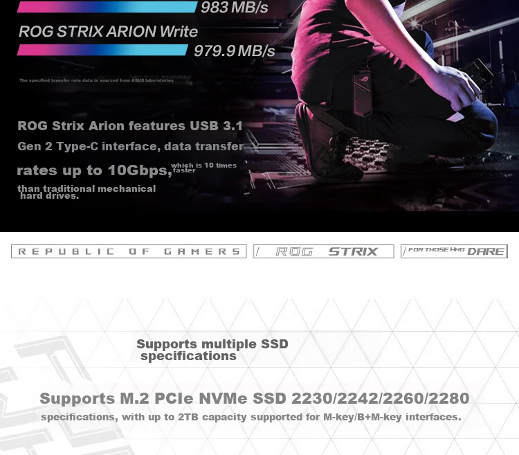 ASUS ROG STRIX ARION White Phantom Standard Edition M.2 NVMe External SSD Enclosure Full Aluminum Body/10Gbps 3