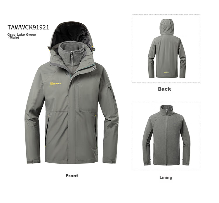 TOREAD Men's Outdoor Three-In Fleece Jacket, Detachable Two-Piece Set, Windproof, Warm Mountaineering Suit, Cold-Resistant Outerwear 81