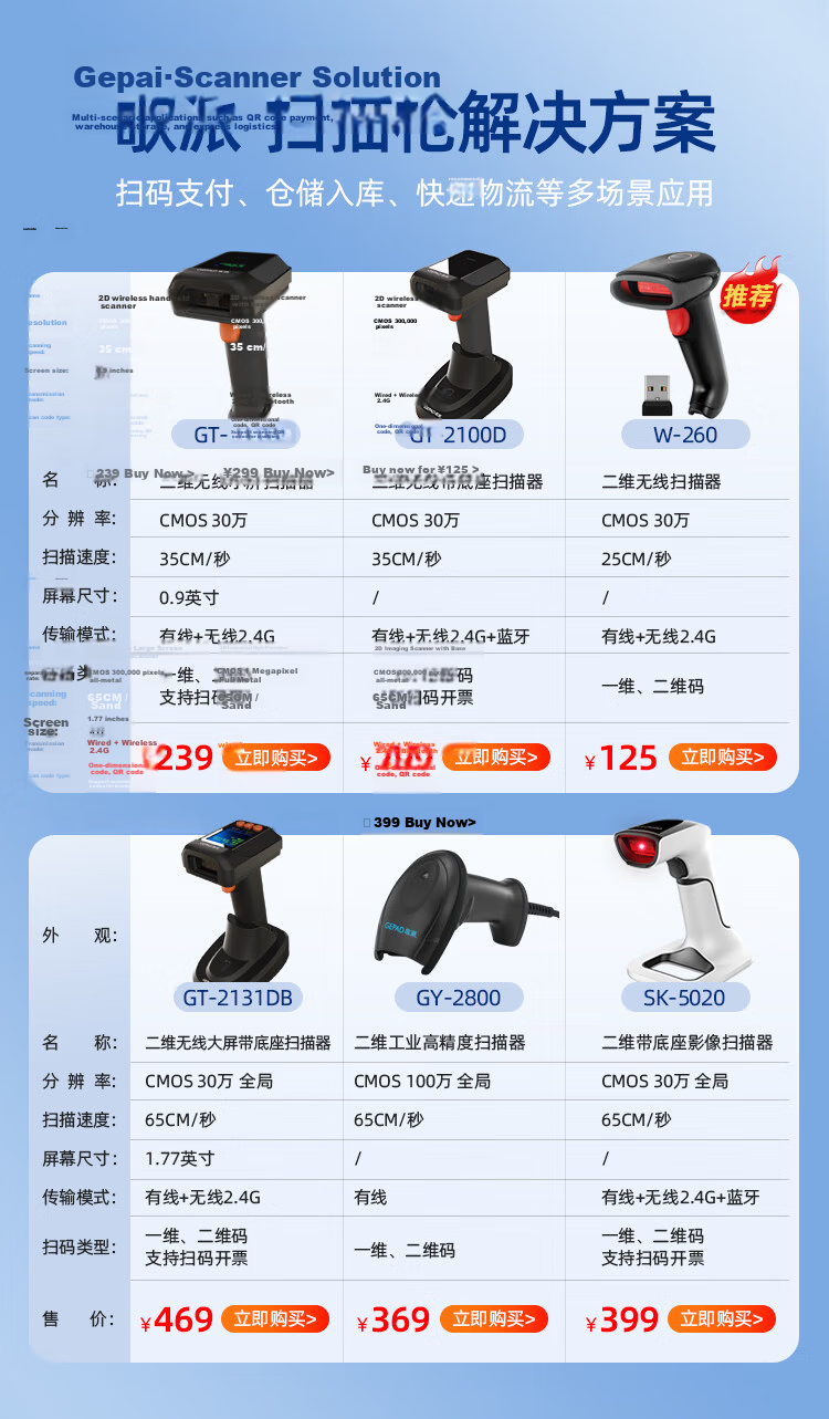 GEPAD Barcode Scanner, Bluetooth Wireless QR Code Scanner, Supermarket Cashier Payment Scanner, Express Delivery Inventory Scanner, Pharmaceutical Traceability Barcode Scanner with Charging Base SK-5020 1