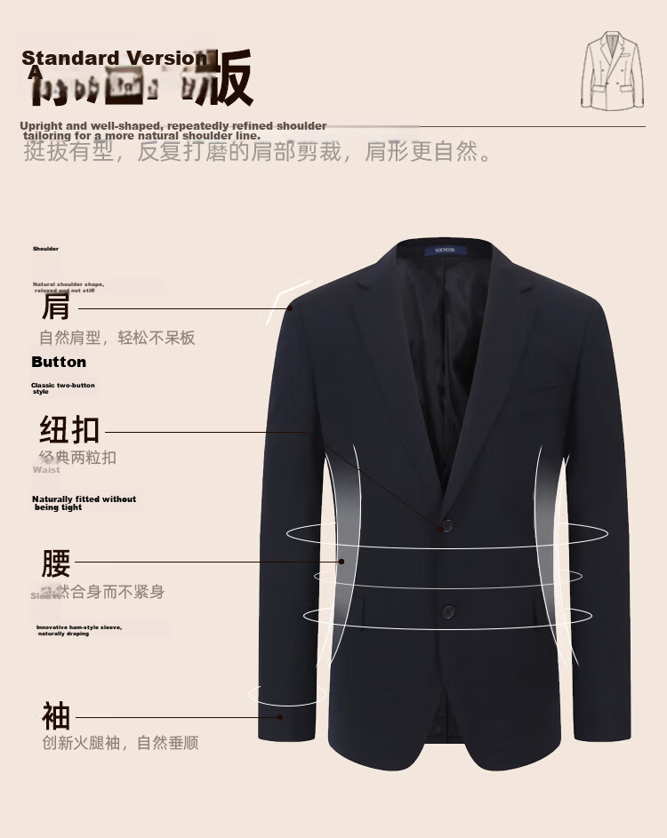 YOUNGOR Men's Autumn Winter Business Fashion Wool Formal Suit Navy Jacket 165C165/96A 5