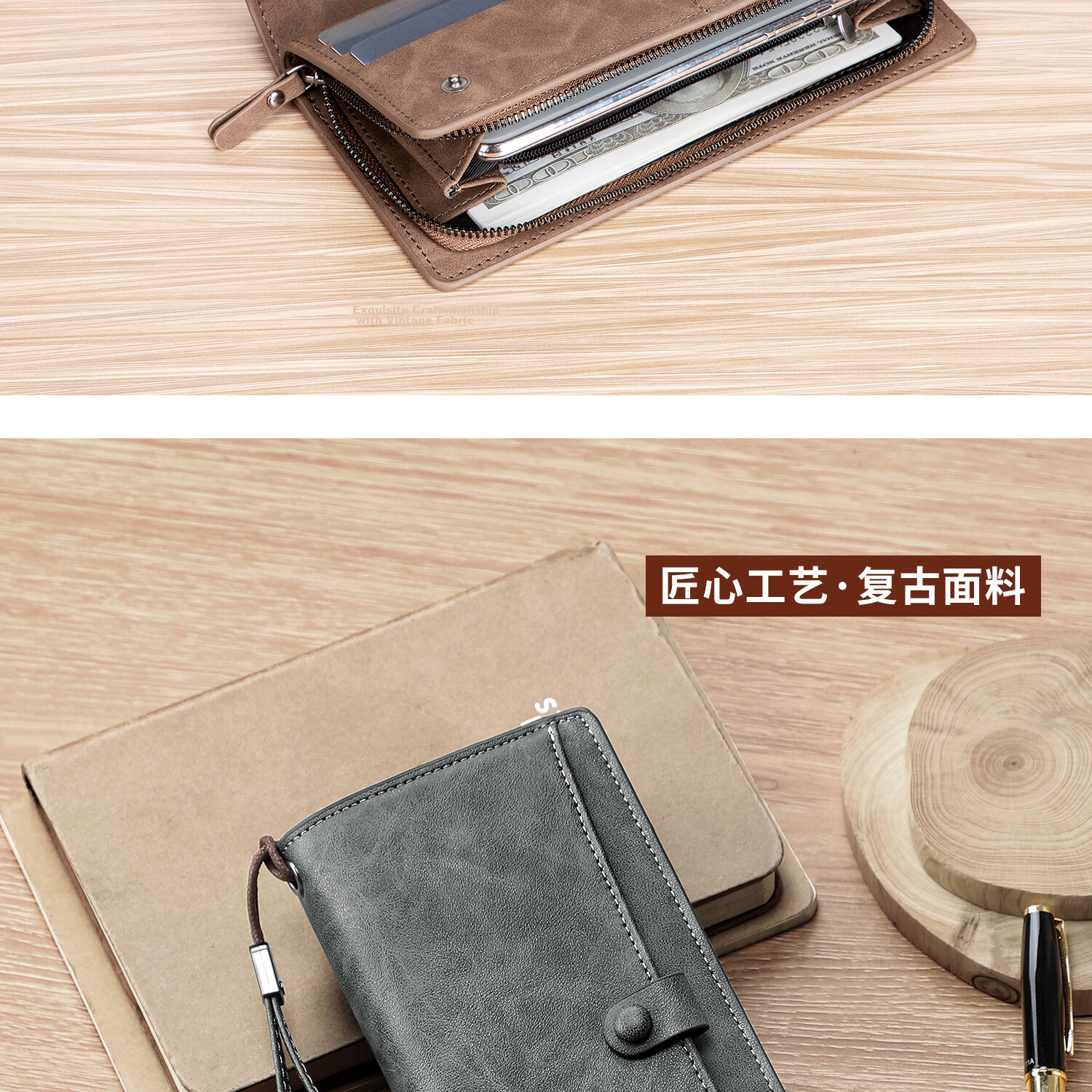 MashaLanti Men's Wallet, Large Capacity, Leather Billfold, Long Zipper Coin Purse, Multifunctional Clutch Card Holder, Business Document Wallet All-I 5