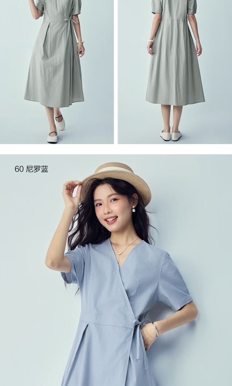 Giordano Women's Summer New Cotton Linen Patchwork Tie V-Neck Short Sleeve Dress 05466328 13
