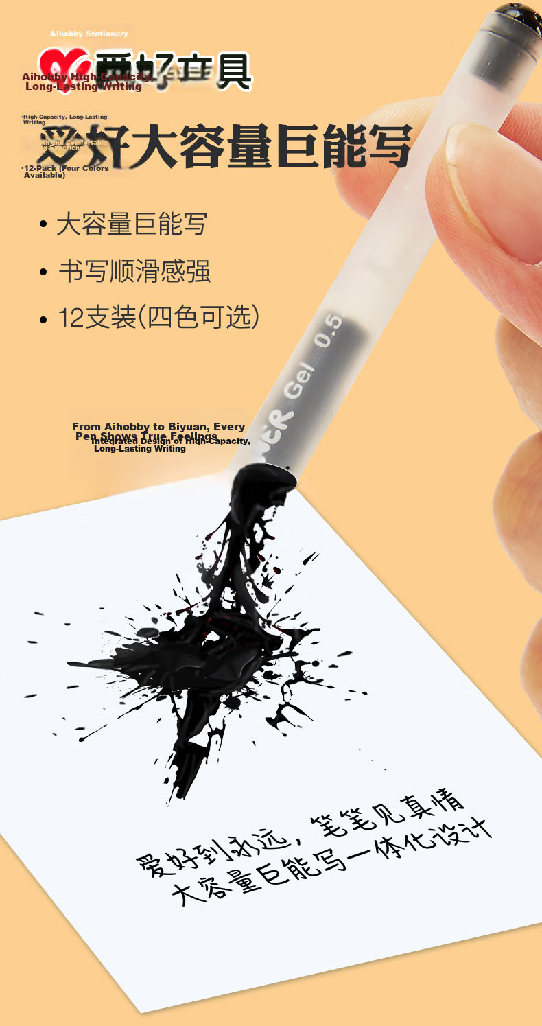 AIHAO Large Capacity Gel Pen 0.5MM Full Needle Tube Crystal Blue Gel Pen Signature Pen, Integrated Pen Tip And Body, 12 Pens/box, 8761 1