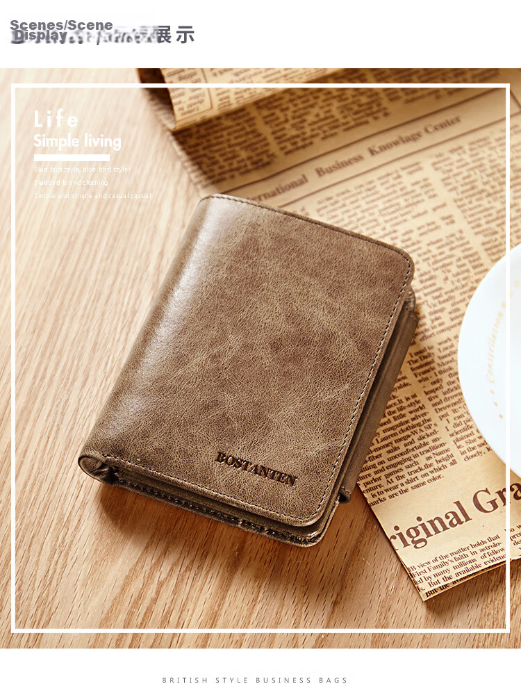 BOSTANTEN Men's Wallet, Short Style, Top-Grain Leather, Student Foldable Multi-Card Holder, Korean-Style Clutch Wallet for Me 5