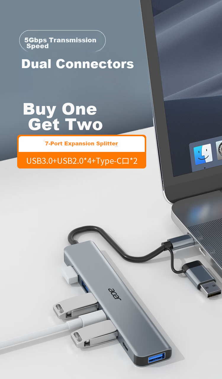 Acer Type-C Expansion Dock, USB3.0 Hub with SD/TF Card Reader Adapter, Compatible with MacBook, Huawei, Android Computers, Eight-In Expansion Dock 1