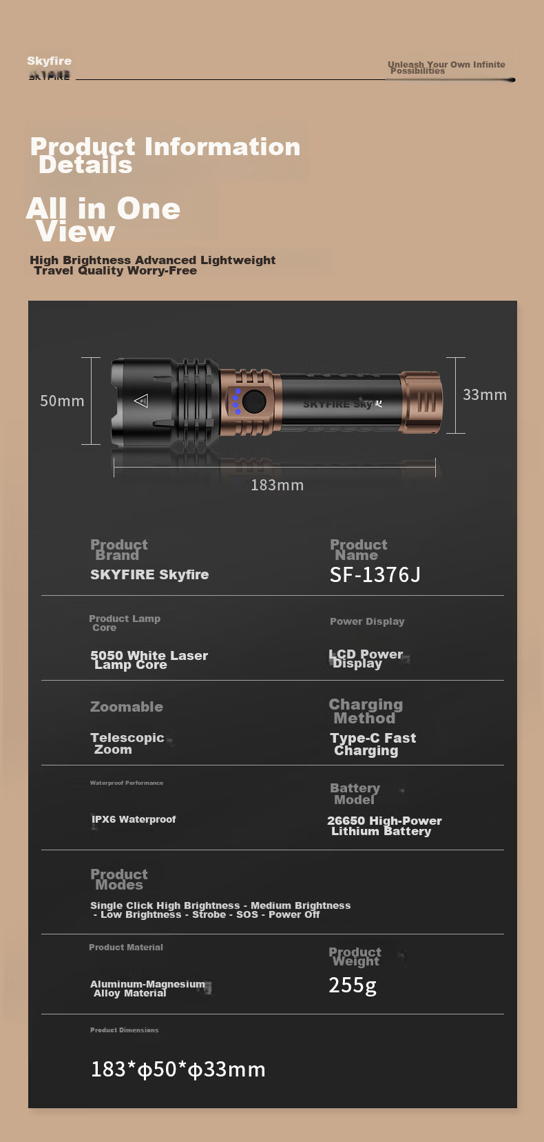 Tianhuolonghui High-Power Rechargeable Outdoor Flashlight Ultra-Bright Portable Long-Lasting Survival Large Capacity 12