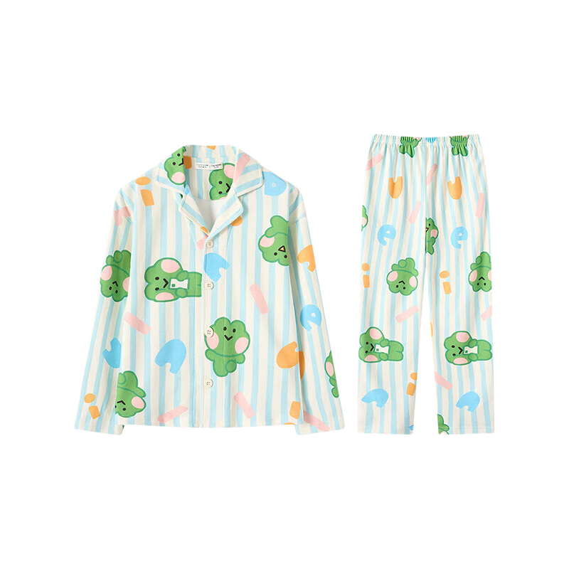 Fenteng Children's Pajamas, Boys' Brown Bear Design, Authentic Early Spring Pure Cotton Striped Sleepwear for Older Childre
