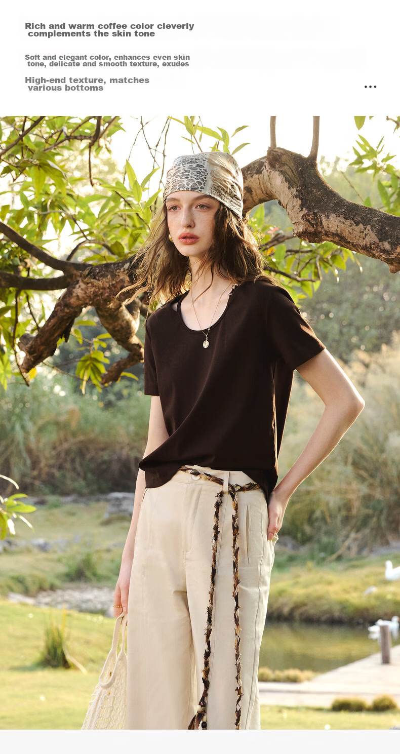 Olrain Oureier Round Neck Beaded Fitted Short Sleeve T-Shirt Women's Summer New Casual Trendy Top Beige L 10