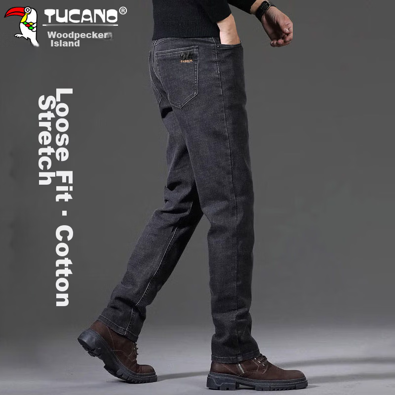 TUCANO Men's Jeans Autumn Loose Straight Business Casual Stretch Trendy Pants Black Gray 32