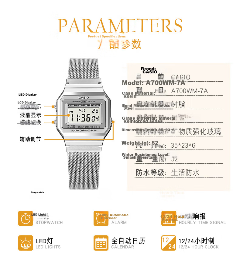 Casio Retro Square Digital Watch for Students, Unisex, A168WERB-2A 35