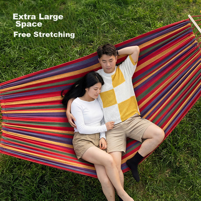 Beyond Wilderness Outdoor Hanging Hammock Double Canvas Curved Wood Anti-Tip Swing Adult Green Wild Twin 3