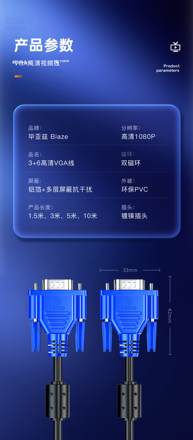 BIAZE VGA Cable with Free Shipping - 1.5m Dual Ferrite Core Blue Head 3+6 Core High-Definition Video Cable for Computer TV Projector Monitor Connection 14