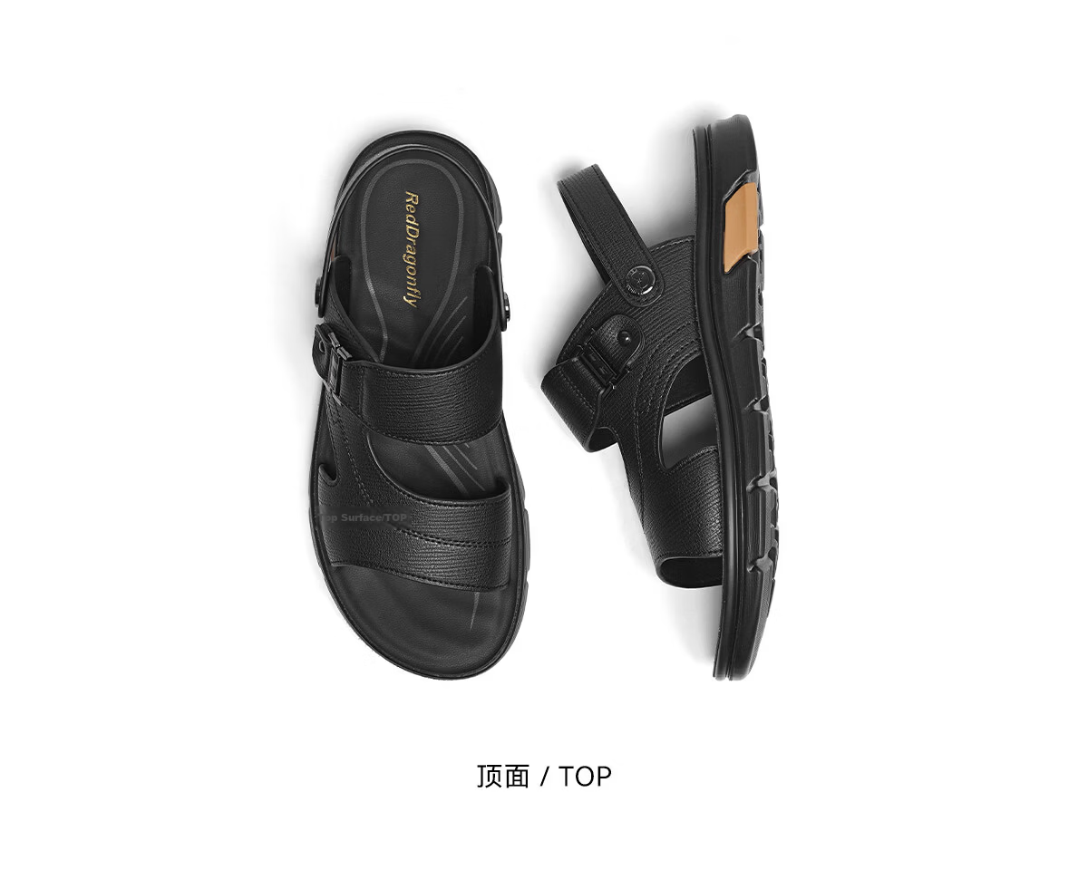 RED DRAGONFLY Men's Sandals, Lightweight Slippers, Summer Cowhide Beach Shoes, Open-Toe Breathable Two-Way Wear WTT22118J Black Size 43 24