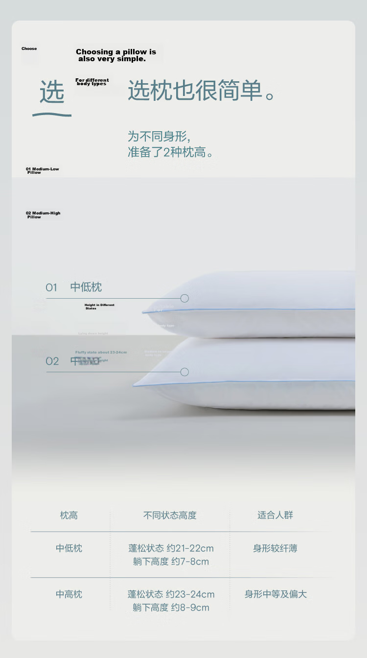 Yaduoxingqiu 95 White Goose Down Pillow, Hotel Upgraded Version, Down Pillow Core, Side Sleeping, Cervical Spine Care, Soft Sleeping, Single Medium Pillow 6
